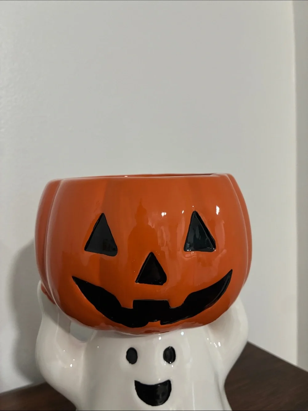 NWT- Hand Painted Ceramic Halloween Ghost & Jack-o-lantern Pumpkin Candy Bowl